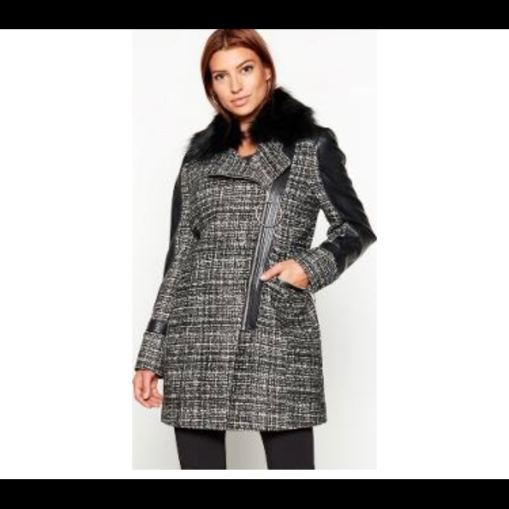 Black Check Print Faux Fur collar coat